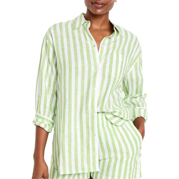 Old Navy Tops - Old Navy Linen Blend Striped Button Down Boyfriend Shirt Green, White Size XL